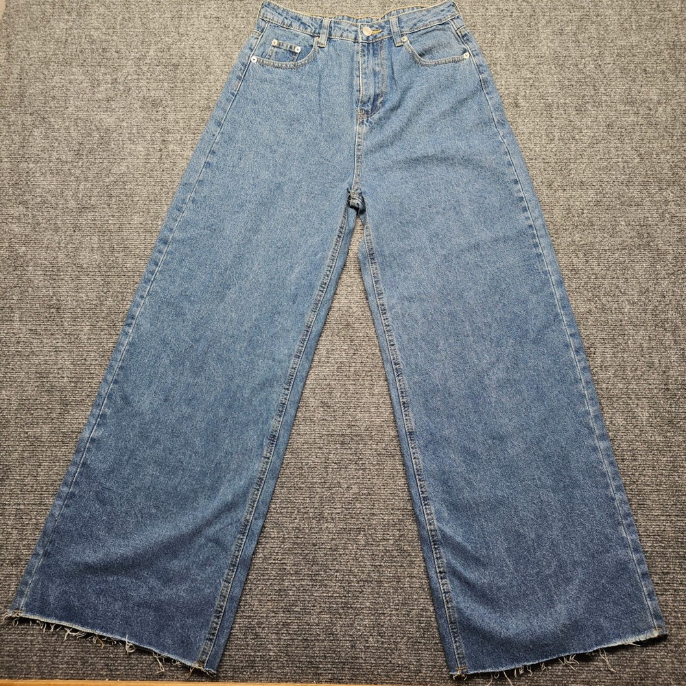 12th Tribe Womens Medium Wash High Waisted Wide Leg Raw Hem Jeans Size M